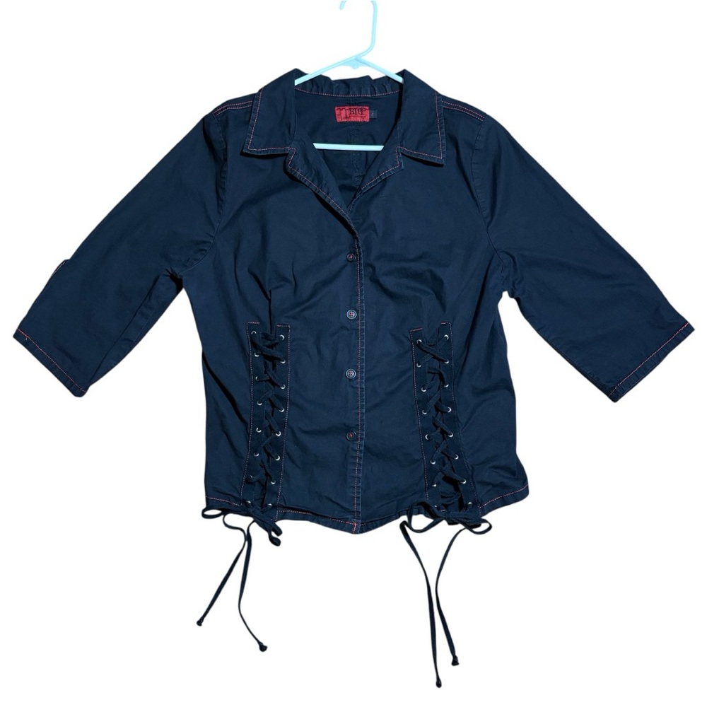Tripp NYC Y2K Vintage Lace Up Button Down Shirt In Black